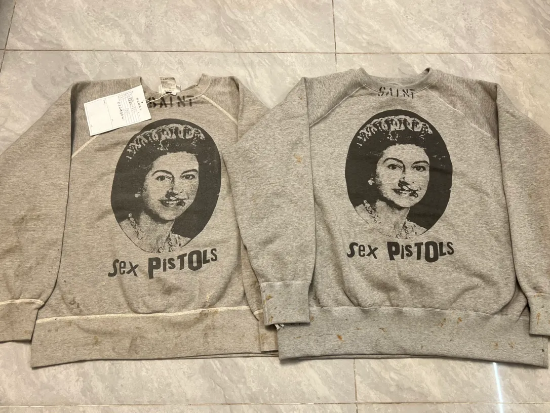 Printing proofing SAINT Mxxxxxx x SEX PISTOLS QUEEN SP_CREW SWT/GRAY band joint vintage sweatshirt Queen ripped retro sweatshirt gray S-XL